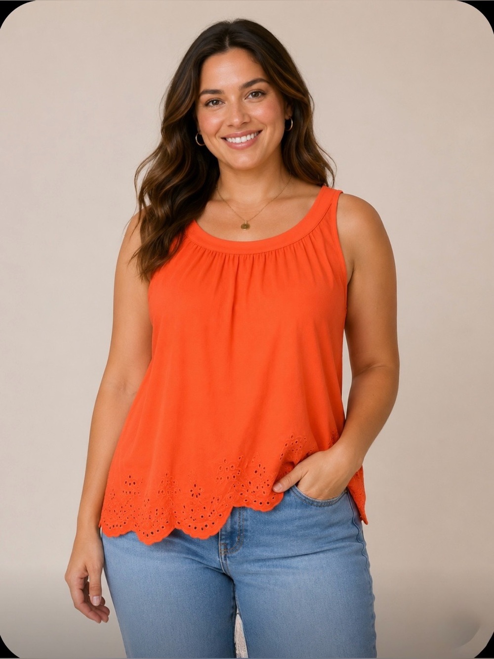 Lands' End Bright Orange Eyelet Scalloped Hem Sleeveless Tank Top L
